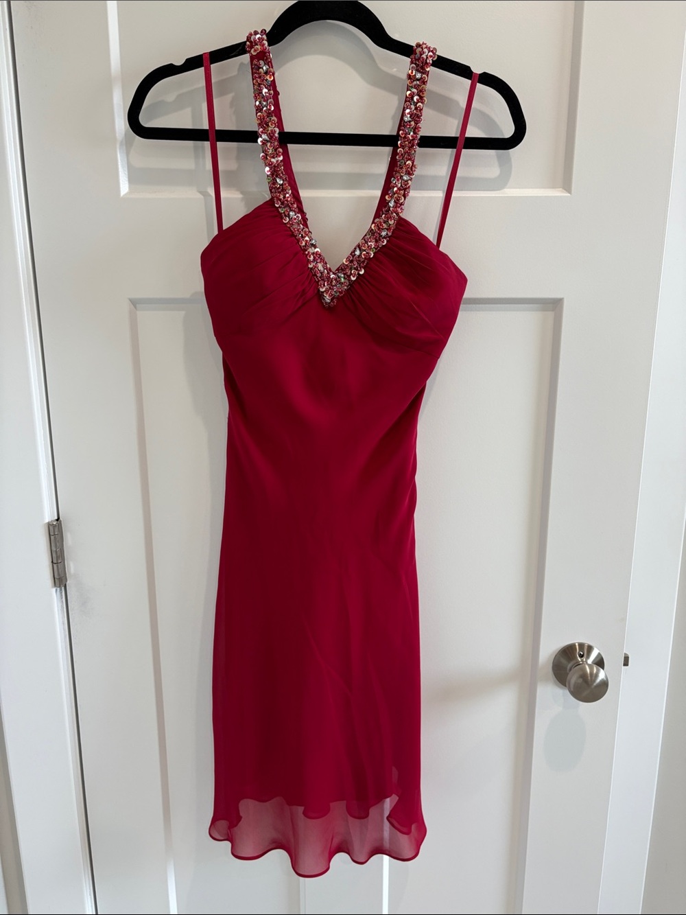 Faviana Cranberry Beaded V‑Neck Midi Dress